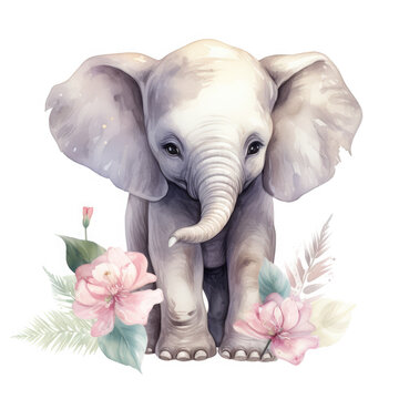 African Elephant baby animals with flower Illustration, Generative Ai © Creative Artist