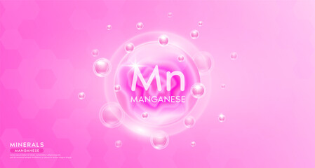 Manganese minerals inside pink bubble floating in the air. Vitamins complex essential supplement to the health care. For food  nutrition and medicine. Science medical concept. Banner 3D vector. - obrazy, fototapety, plakaty