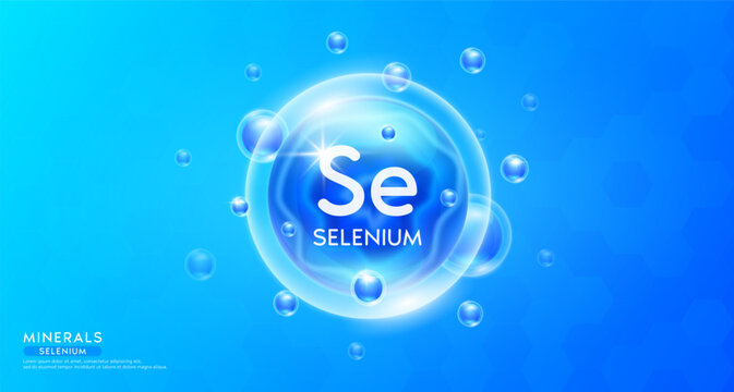 Selenium minerals inside blue bubble floating in the air. Vitamins complex essential supplement to the health care. For food  nutrition and medicine. Science medical concept. Banner 3D vector.
