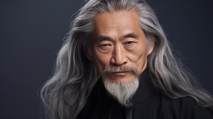 Portrait of an elderly handsome Asian senior man old with gray long hair, on a gray background, banner.