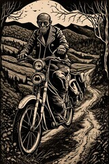 dark comic woodcut drawing of a man riding a vintage motorcycle