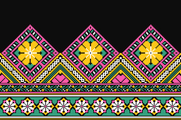 flower embroidery on black background. ikat and cross stitch geometric seamless pattern ethnic oriental traditional. Aztec style illustration design for carpet, wallpaper, clothing, wrapping, batik.