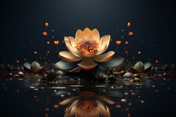 Artistic lotus illustration with reflection on a serene lake, encircled by floating leaves.