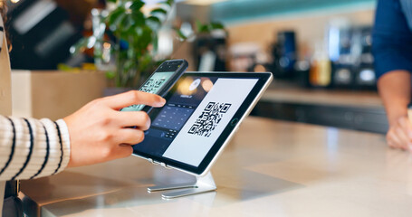 Hands, phone and qr code in coffee shop, payment and fintech app with pos, deal and services with scanning in store. People, smartphone and machine for point of sale, banking and barcode in cafeteria
