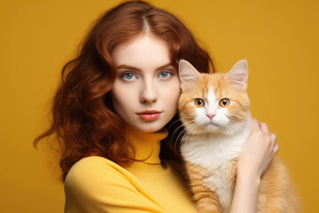 Portrait of a beautiful red-haired young woman and cute orange cat isolated on yellow background