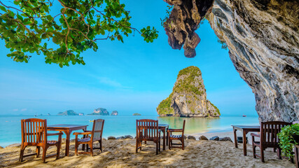 Restaurant table at Railay Beach Krabi Thailand, the tropical beach of Railay Krabi