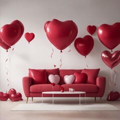 red sofa and heart balloons valentine's day theme Generative AI