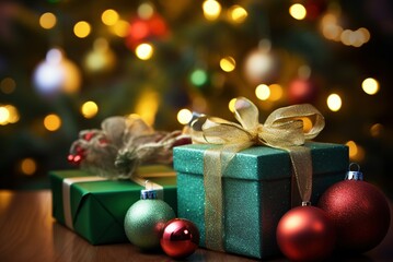 Christmas decoration by decorating wooden floors with gift boxes wrapped in festive ribbons and glittering balls against the backdrop of shimmering bokeh lights.