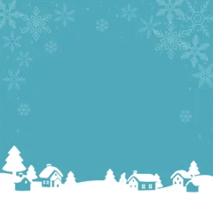 Gordijnen 冬　フレーム　背景　雪の結晶　街並み　シルエット　コピースペース　シンプル　イラスト素材 © ribbon_s