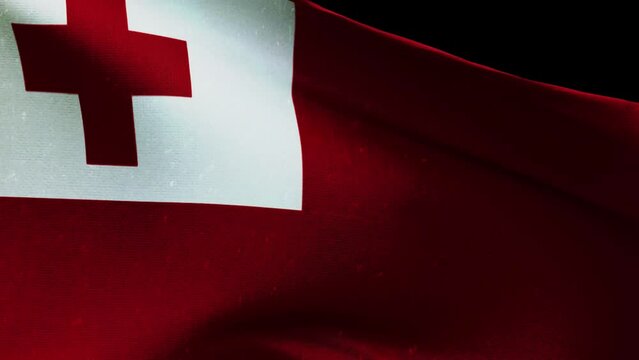 Tonga flag waving closeup. Highly Detailed Fabric Pattern with vintage and retro effect, 3D Rendering video footage for celebration, national award, patriotic etc.