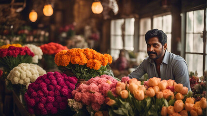 An Indian man selling wide variety of colorful flowers in his shop. - obrazy, fototapety, plakaty