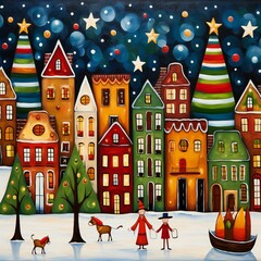 Christmas town border, european houses street with falling snow. Winter night city scene, illustration for greeting card design.