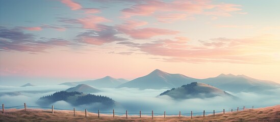A serene scene of mountains with clouds overhead and a fence atop a hill The soft pastel colors of...