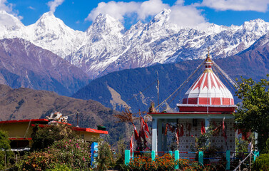 Nanda Devi Temple with the background of Mighty Panchachulli Mountains in Munsiyari, Uttarakhand,...