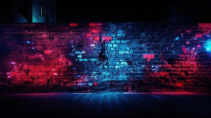 stage spotlight, wall texture illuminated by the mesmerizing glow of red and blue neon lights, urban