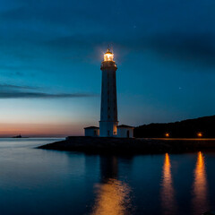 Fototapeta premium Faro iluminando a un tranquilo mar justo antes del amanecer
