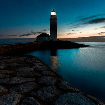 Faro esperando el amanecer con un mar tranquilo