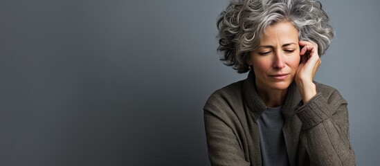 A woman in her middle age with graying hair is experiencing fatigue pressure worry frustration and sadness and is dealing with discomfort in either her back or neck - obrazy, fototapety, plakaty