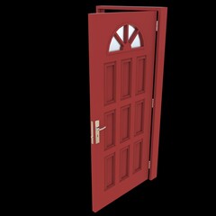 Red door Open Gateway against Pure White Isolated Setting