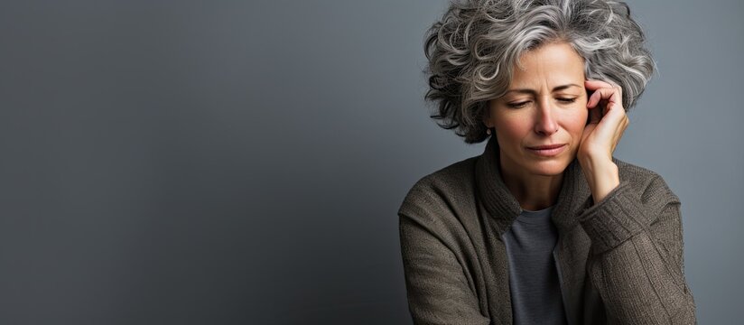 A woman in her middle age with graying hair is experiencing fatigue pressure worry frustration and sadness and is dealing with discomfort in either her back or neck