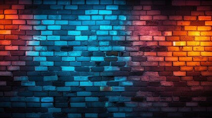 Rough brick wall texture illuminated by the mesmerizing glow of yellow orange and blue neon lights,...