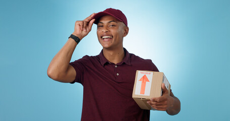 Greeting, shipping box or portrait of delivery guy in studio with courier service or supply chain...