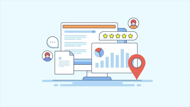 SEO data analytics dashboard tracking website ranking, visitors engagement rate, customer review and business location map listing, generating report for company, video animation 2d clip.