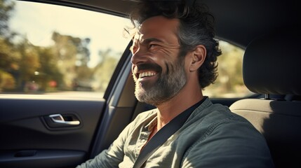 View from inside car, man smiling, confident looking, man driving, transportation