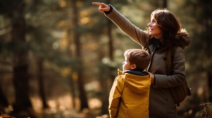 Mother and child with forest study path, mother showing child in the forest, education and nature