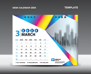Calendar 2024 year template vector- March 2024 year, Desk calendar 2024 design, Week starts Sunday, Planner, Stationery design, flyer, Calendar printing, gradient polygon background concept