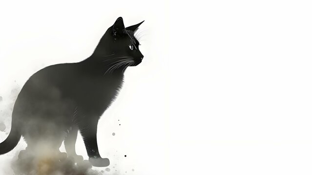 Abstract black cat digital watercolor ink illustration. Halloween dark art card print, social media post template.