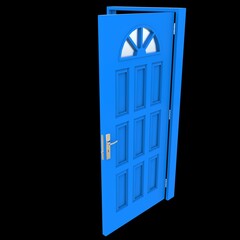 Blue door Revealed Gateway in White Background Isolation