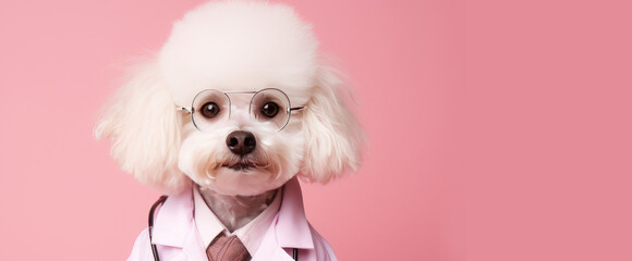White dog with a stethoscope and a doctor's suit on a pink background. Banner - obrazy, fototapety, plakaty