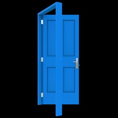 Blue door Opened Door in Pure White Isolated Environment