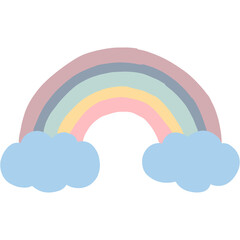 A colorful rainbow with fluffy clouds.