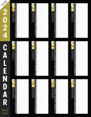 Corporate Calendar 2024. Premium wall or desk print ready design with day planner sticky note column. Dark background Use as productivity tools. Best Modern corporate vector notes planner template.