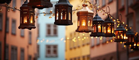 During the winter Christmas season in the renowned fairytale town of Heidelberg in the southwest region of Baden Wurttemberg Germany you can spot charming old fashioned lanterns adorning th - obrazy, fototapety, plakaty
