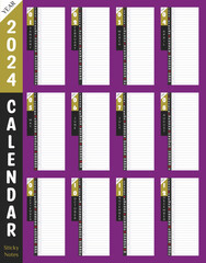 2024 Calendar premium wall or desk printable with day planner sticky note column. Nice purple color background. Use as productivity tools. Best unique corporate vector notes planner template.