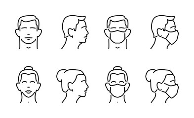 Male and female face in medical mask, front and side view (profile). Health care concept Set of vector linear man and woman icons. - obrazy, fototapety, plakaty