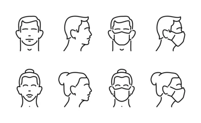 Foto op Canvas Male and female face in medical mask, front and side view (profile). Health care concept Set of vector linear man and woman icons. © Yevhen