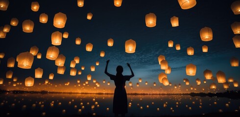 Floating lantern with flame in the night sky background. - obrazy, fototapety, plakaty