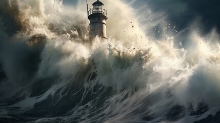 Un faro en el mar siendo golpeado por olas muy grandes - obrazy, fototapety, plakaty