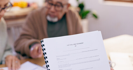 Will, paperwork and contract with consultation and life insurance information for senior couple....
