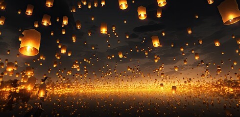 Floating lantern with flame in the night sky background.