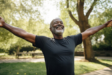 The portrait of the healthy muscular black old man posing to show his muscles at the park. AI generated. Generative AI.