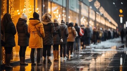 People queue up waiting for stores to open for shopping. Sale and discounts, best deals shop