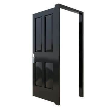 Black door Wide-Open Doorway with White Background Isolation