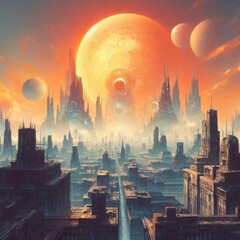 fantastical cityscape with a large orange sun in the background