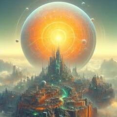 Obraz premium A fantastical cityscape with a large orange sun in the background