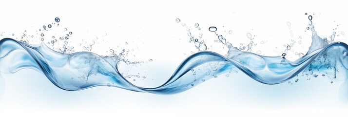 Horizontal water banner with wave effect, 3:1 resolution, blue color, water drops, space for text - obrazy, fototapety, plakaty